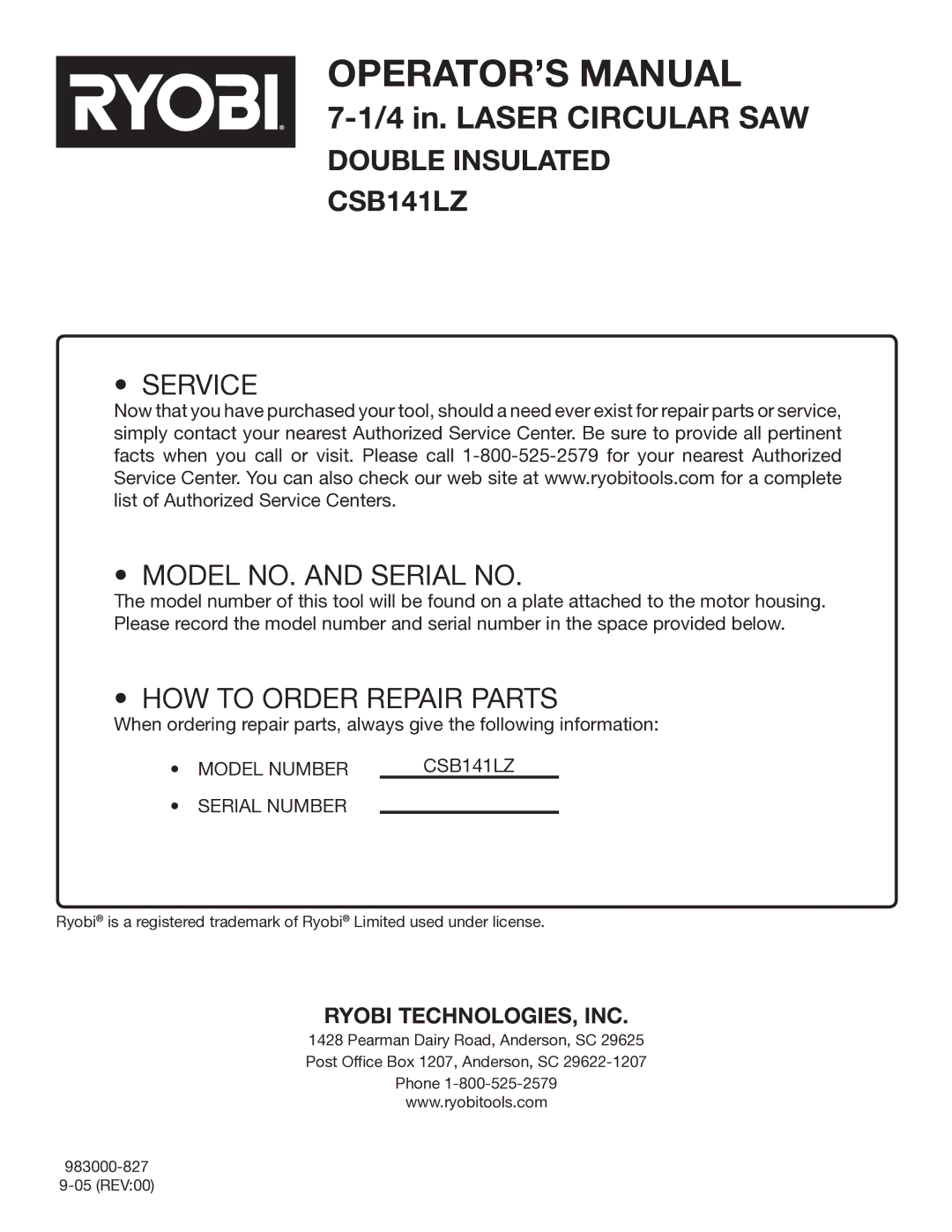 Ryobi CSB141LZ manual Service Model NO. and Serial no 