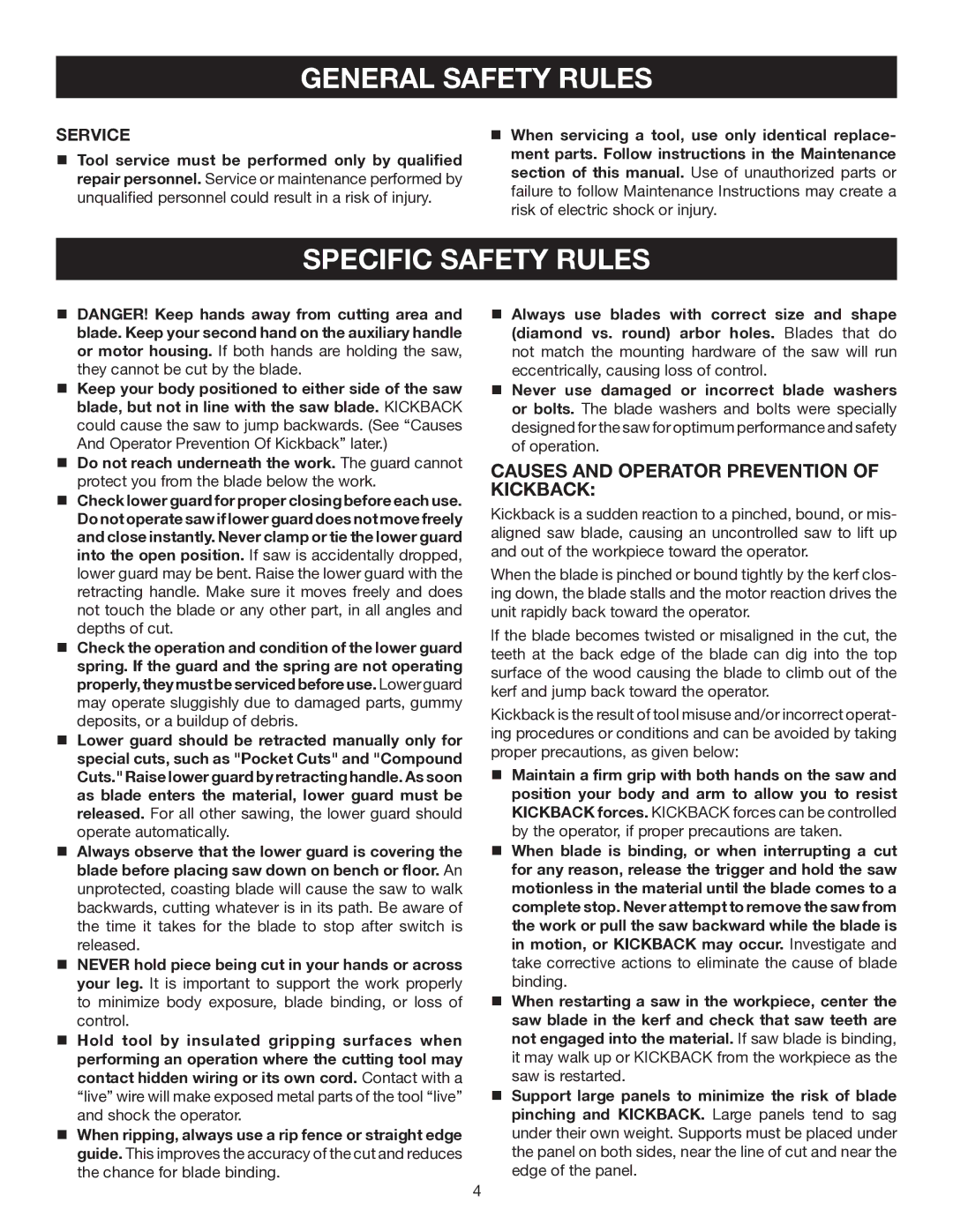 Ryobi CSB141LZ manual Specific Safety Rules, Causes and Operator Prevention of Kickback 