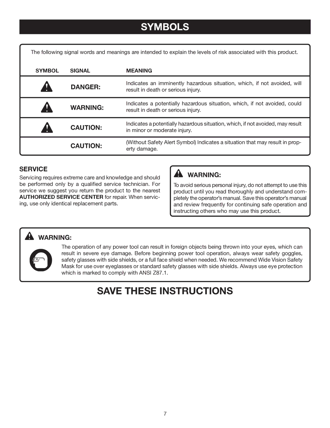 Ryobi CSB141LZ manual Service, Symbol Signal Meaning 