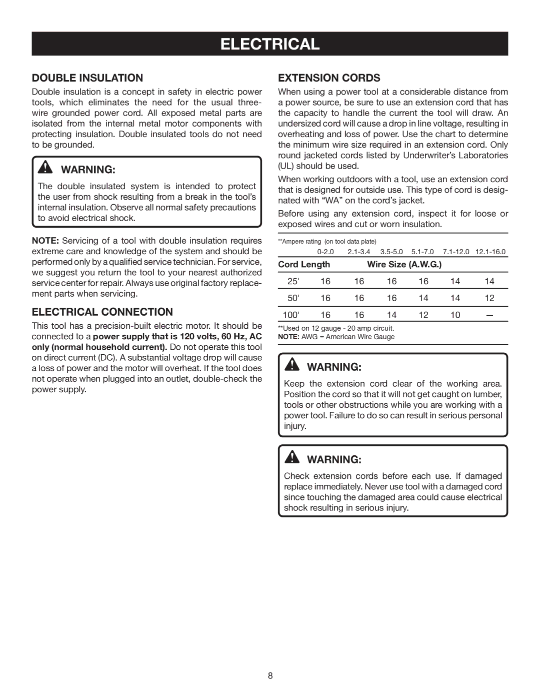 Ryobi CSB141LZ manual Double Insulation, Electrical Connection, Extension Cords 