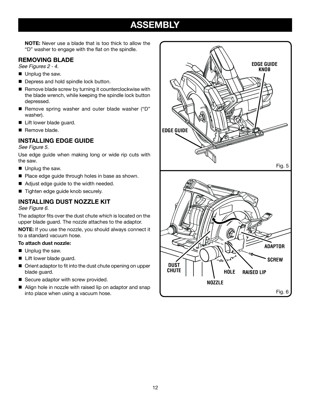 Ryobi CSB142LZ manual Removing Blade, Installing Edge guide, Installing Dust Nozzle KIT 