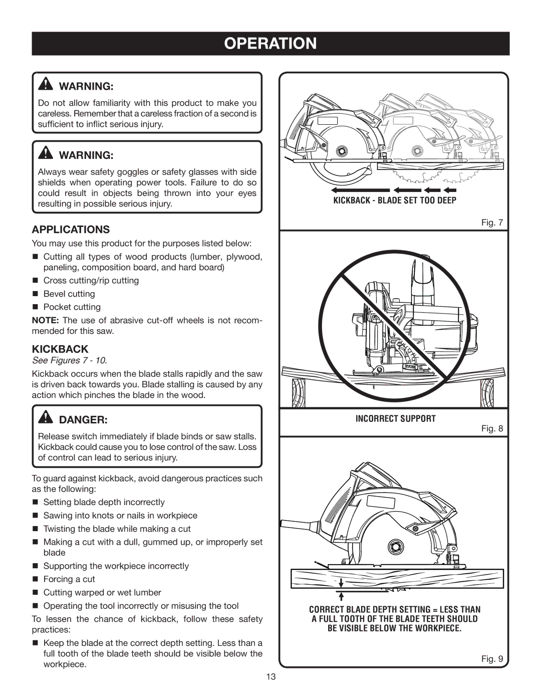 Ryobi CSB142LZ manual Operation, Applications, Kickback, See Figures 7 