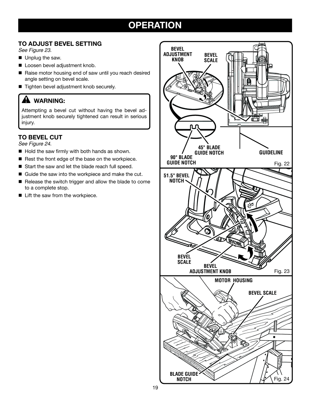 Ryobi CSB142LZ manual To Adjust Bevel Setting, To Bevel CUT, Blade Guide Notch 