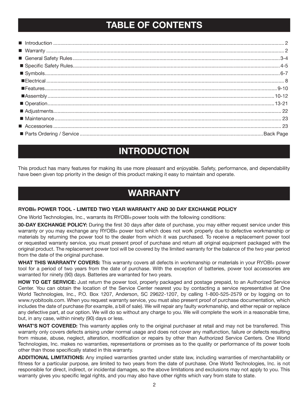 Ryobi CSB142LZ manual Introduction, Table of Contents 