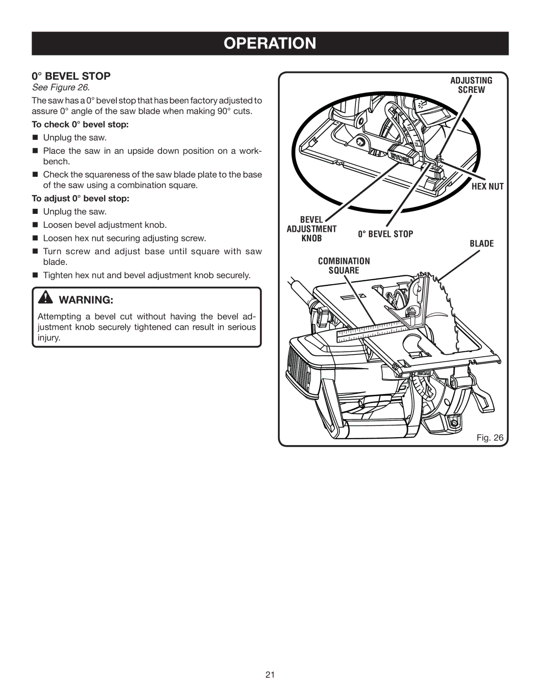 Ryobi CSB142LZ manual Bevel Adjustment 0 Bevel Stop Knob, Square Adjusting Screw HEX NUT Blade 