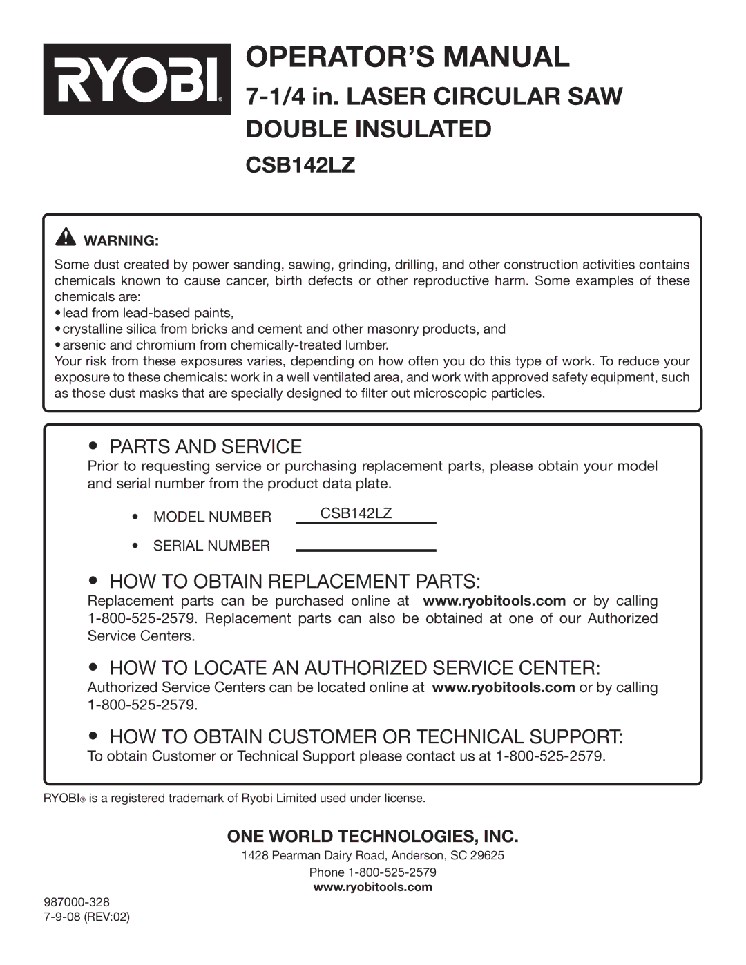 Ryobi CSB142LZ manual Parts and Service 