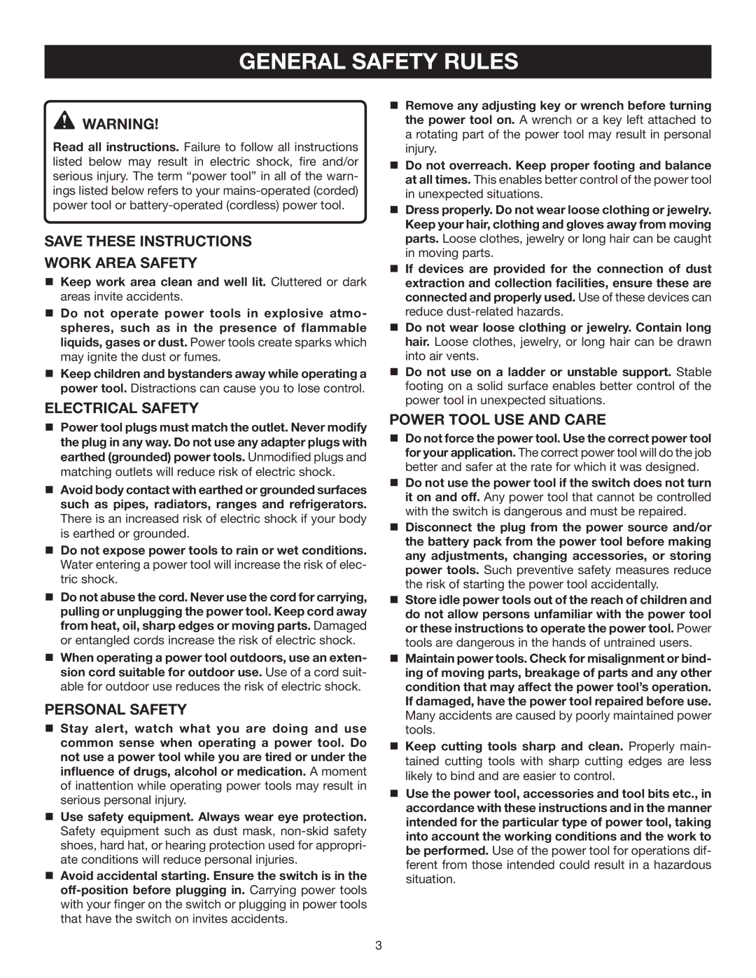 Ryobi CSB142LZ manual General Safety Rules, Work Area Safety, Electrical Safety, Personal Safety, Power Tool USE and Care 