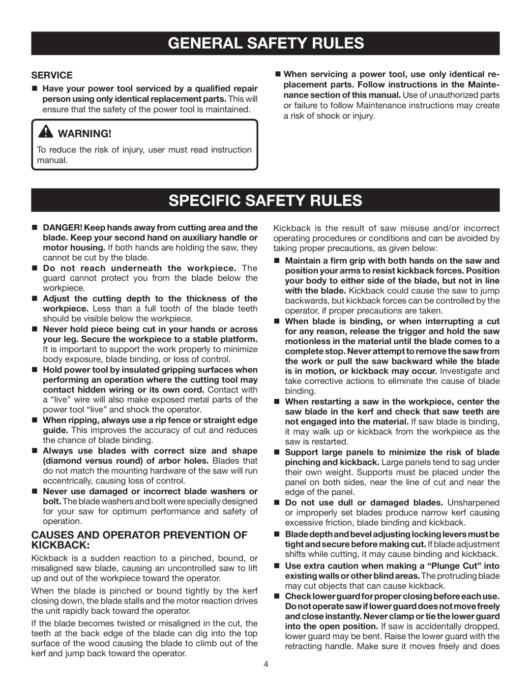 Ryobi CSB142LZ manual Specific Safety Rules, Causes and Operator Prevention of Kickback 