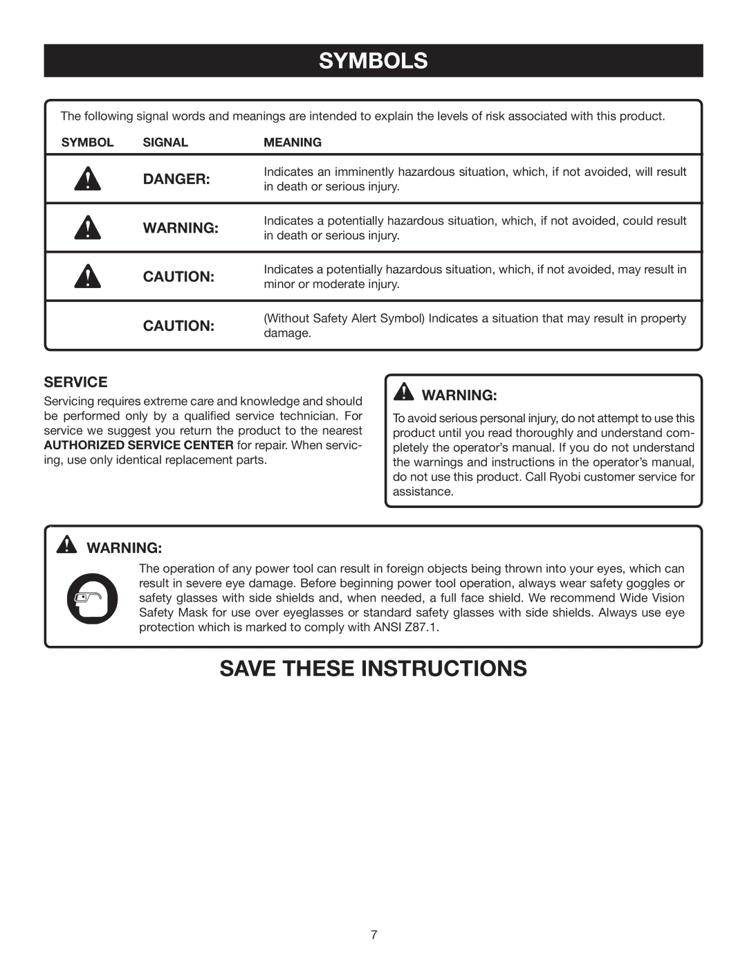 Ryobi CSB142LZ manual Service, Symbol Signal Meaning 