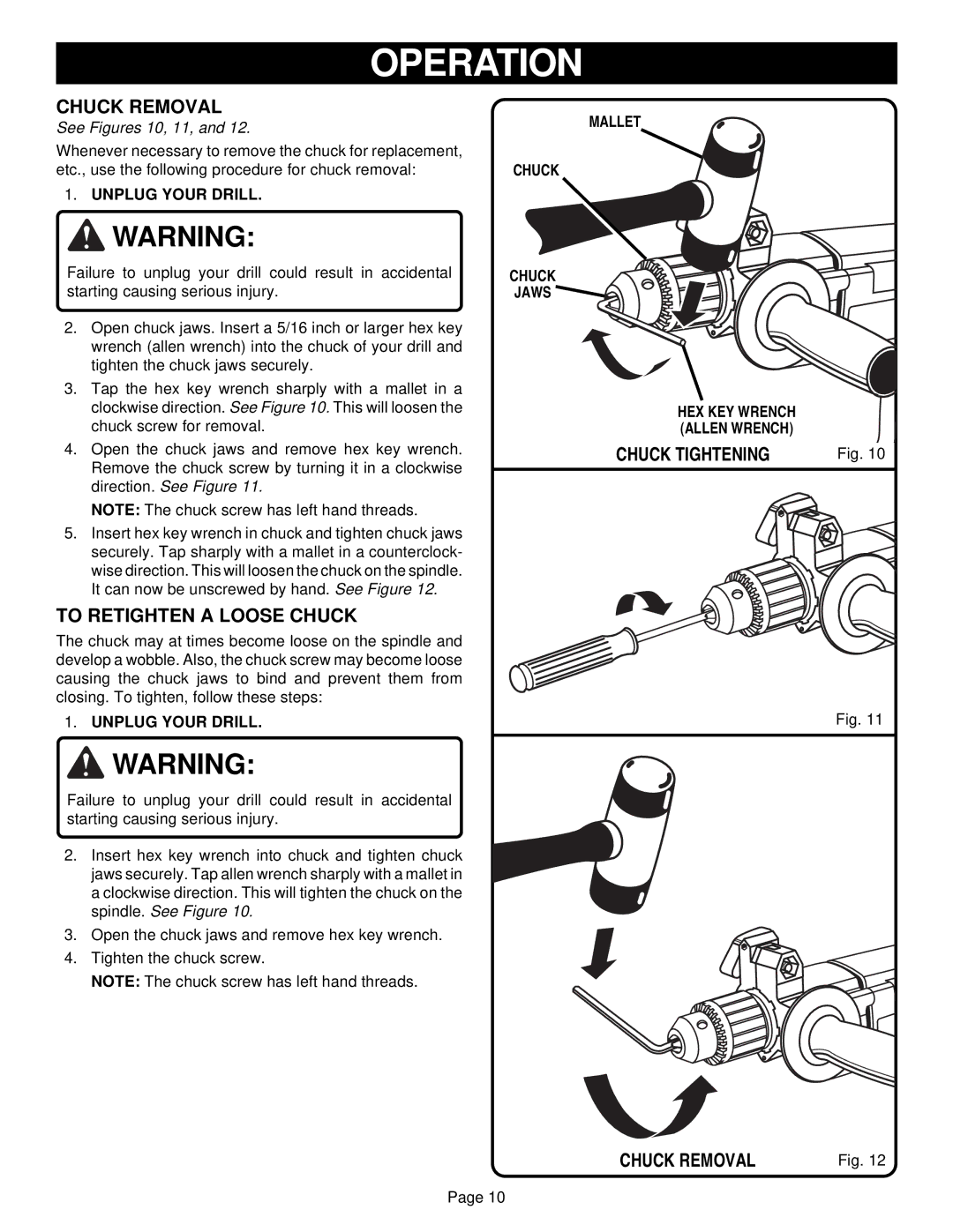 Ryobi D130VR owner manual To Retighten a Loose Chuck, Chuck Tightening Chuck Removal, Mallet Chuck Jaws 