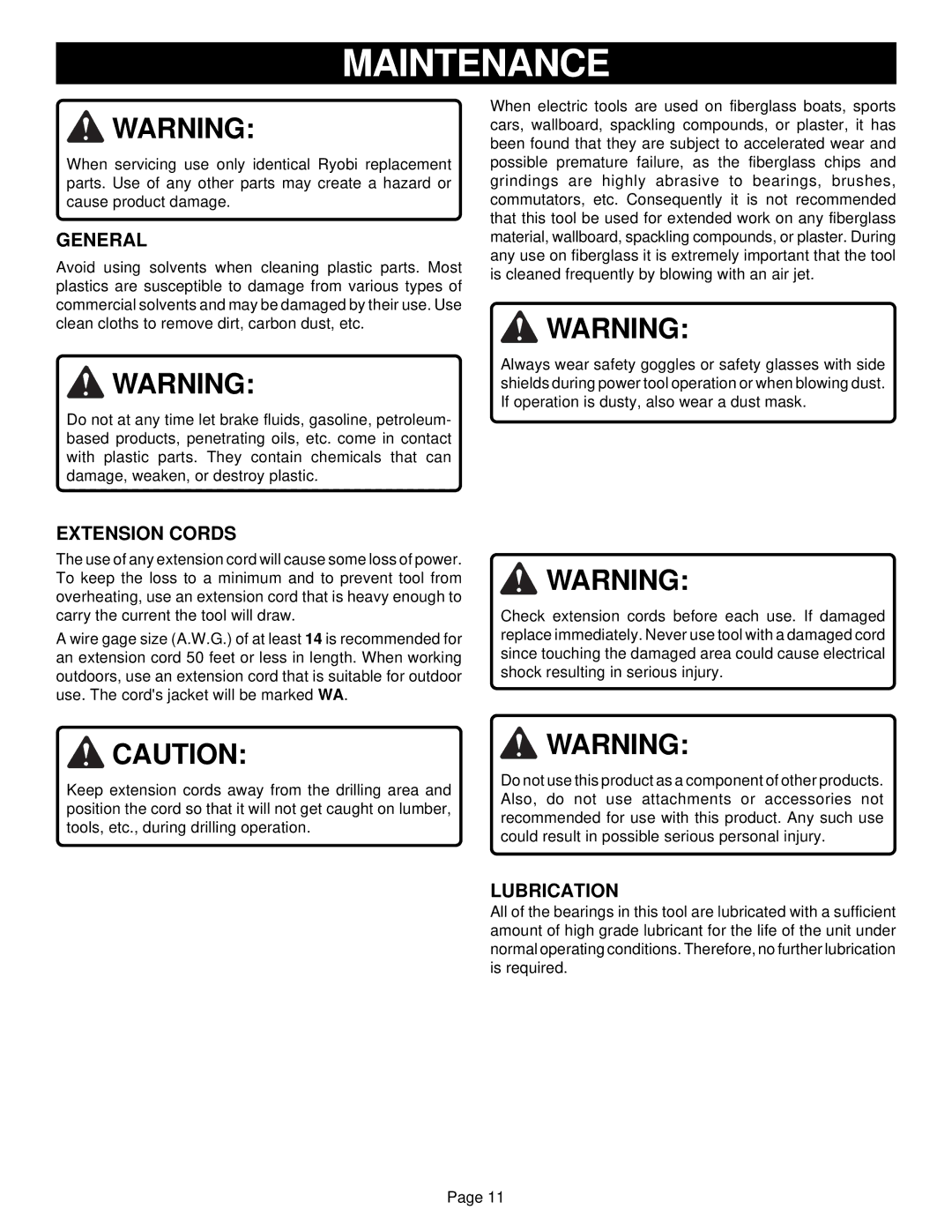 Ryobi D130VR owner manual Maintenance, General, Extension Cords, Lubrication 