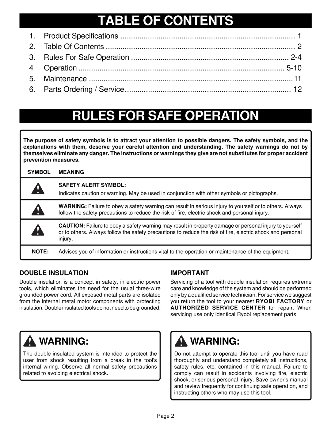 Ryobi D130VR owner manual Table of Contents, Rules for Safe Operation 