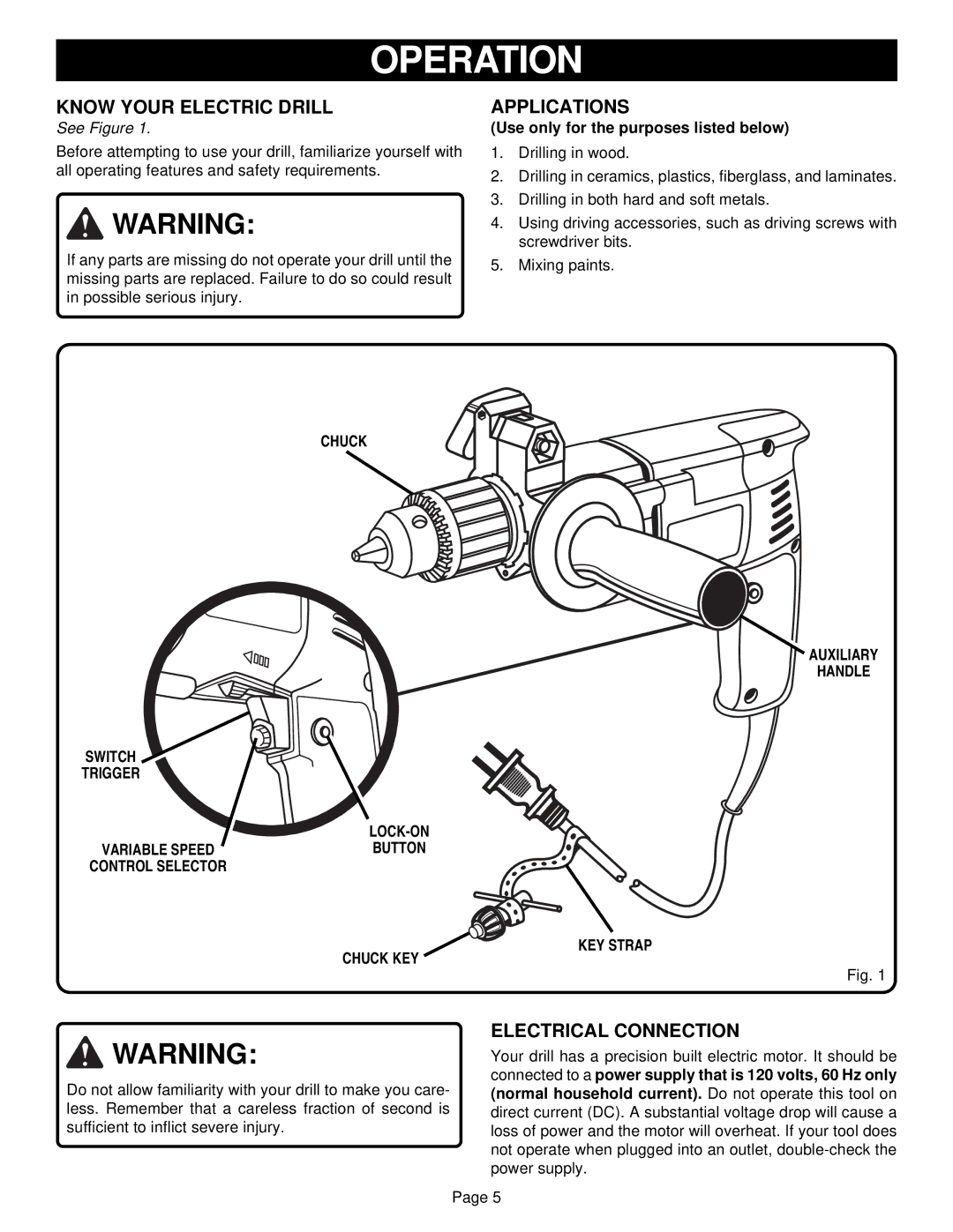 Ryobi D130VR Operation, Know Your Electric Drill, Applications, Electrical Connection, Auxiliary Handle KEY Strap 