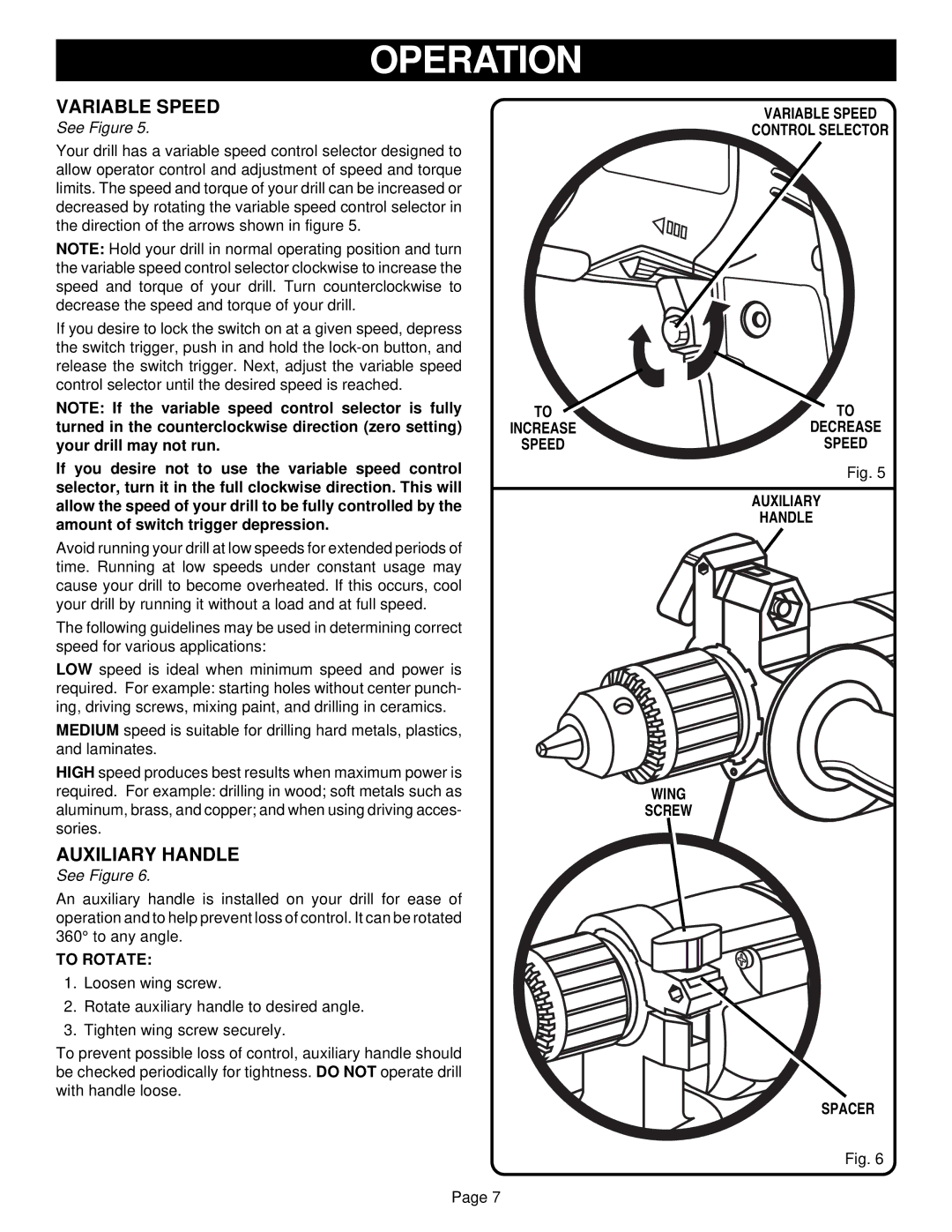 Ryobi D130VR owner manual Auxiliary Handle, To Rotate, Variable Speed Control Selector, Wing Screw Spacer 