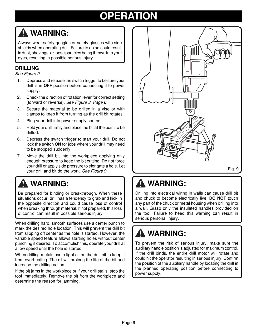 Ryobi D130VR owner manual Drilling 