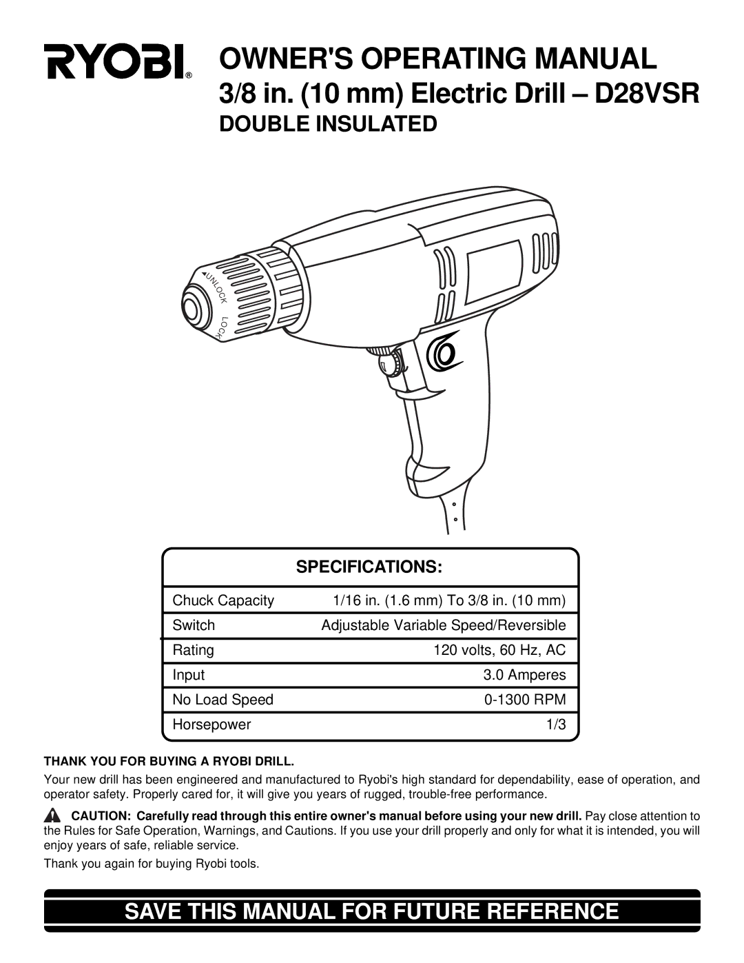 Ryobi D28VSR specifications Owners Operating Manual, Thank YOU for Buying a Ryobi Drill 