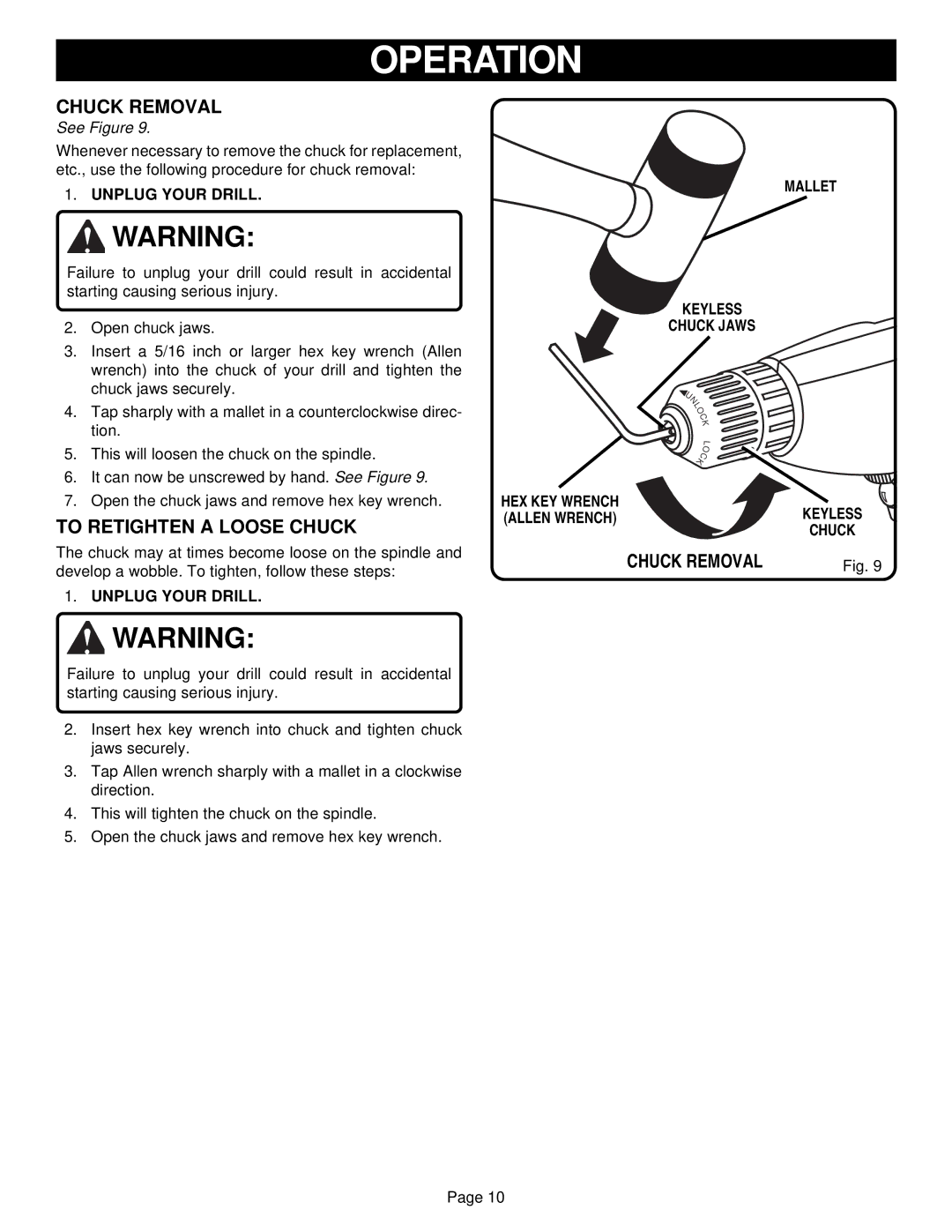 Ryobi D28VSR specifications Chuck Removal, To Retighten a Loose Chuck, Mallet Keyless Chuck 