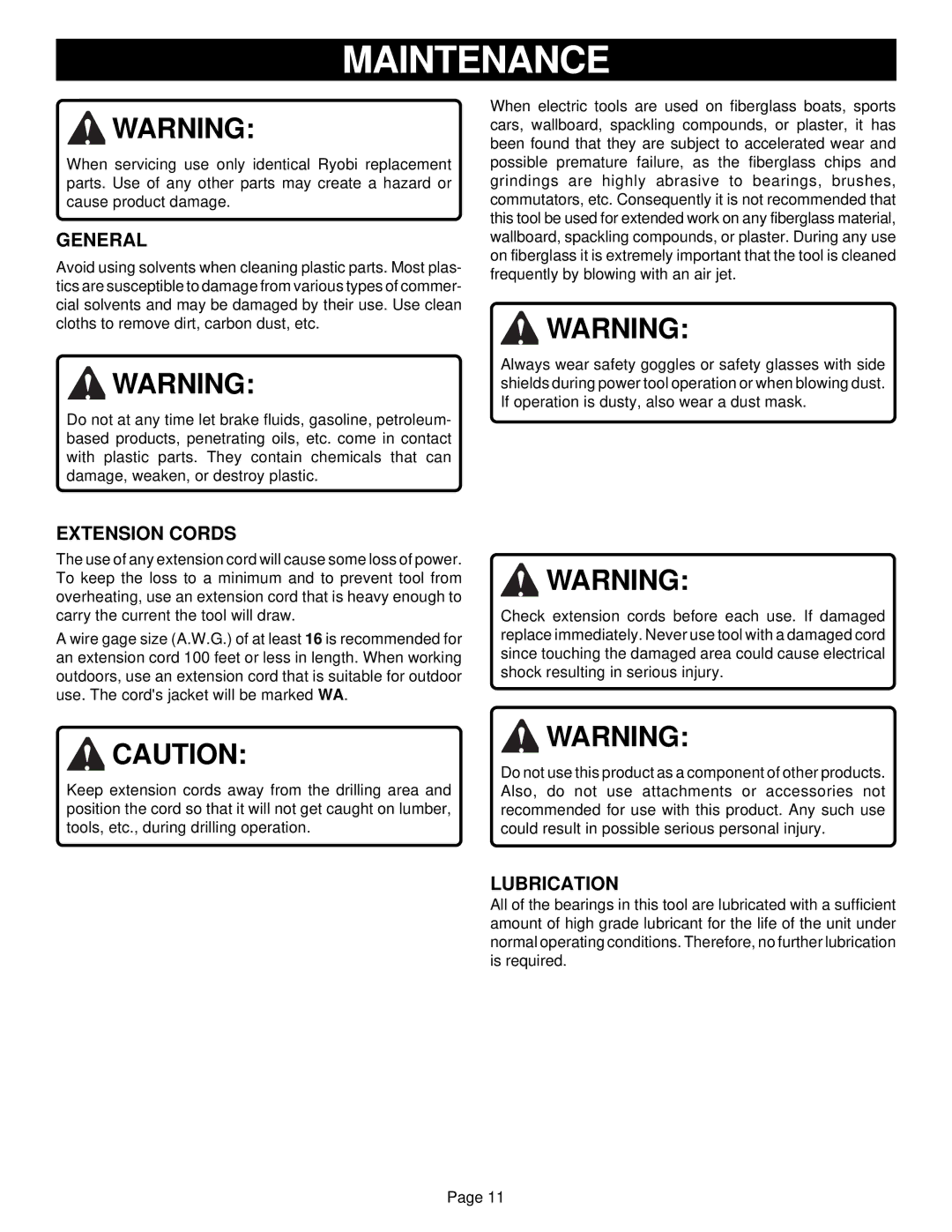 Ryobi D28VSR specifications Maintenance, General, Extension Cords, Lubrication 