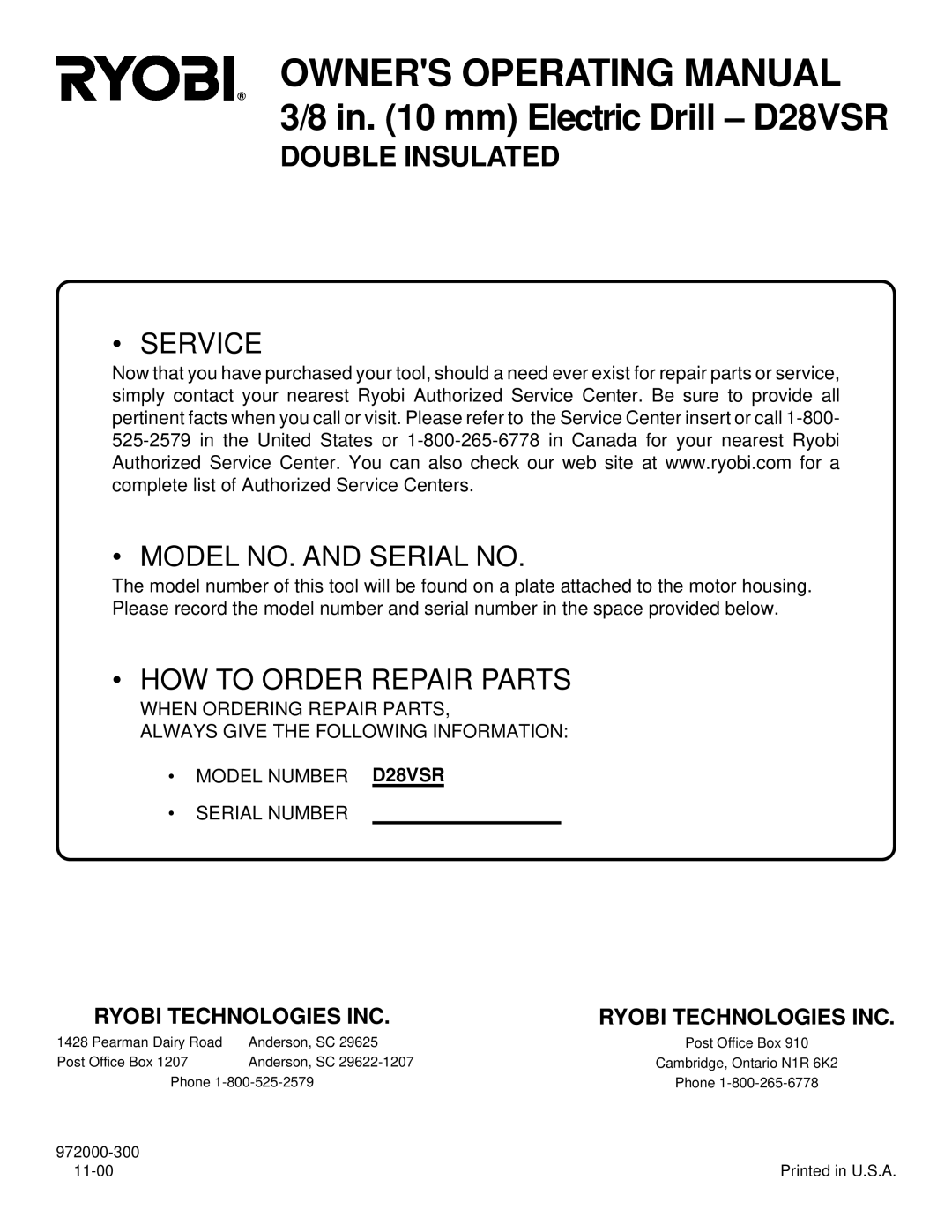 Ryobi D28VSR specifications Service Model NO. and Serial no 