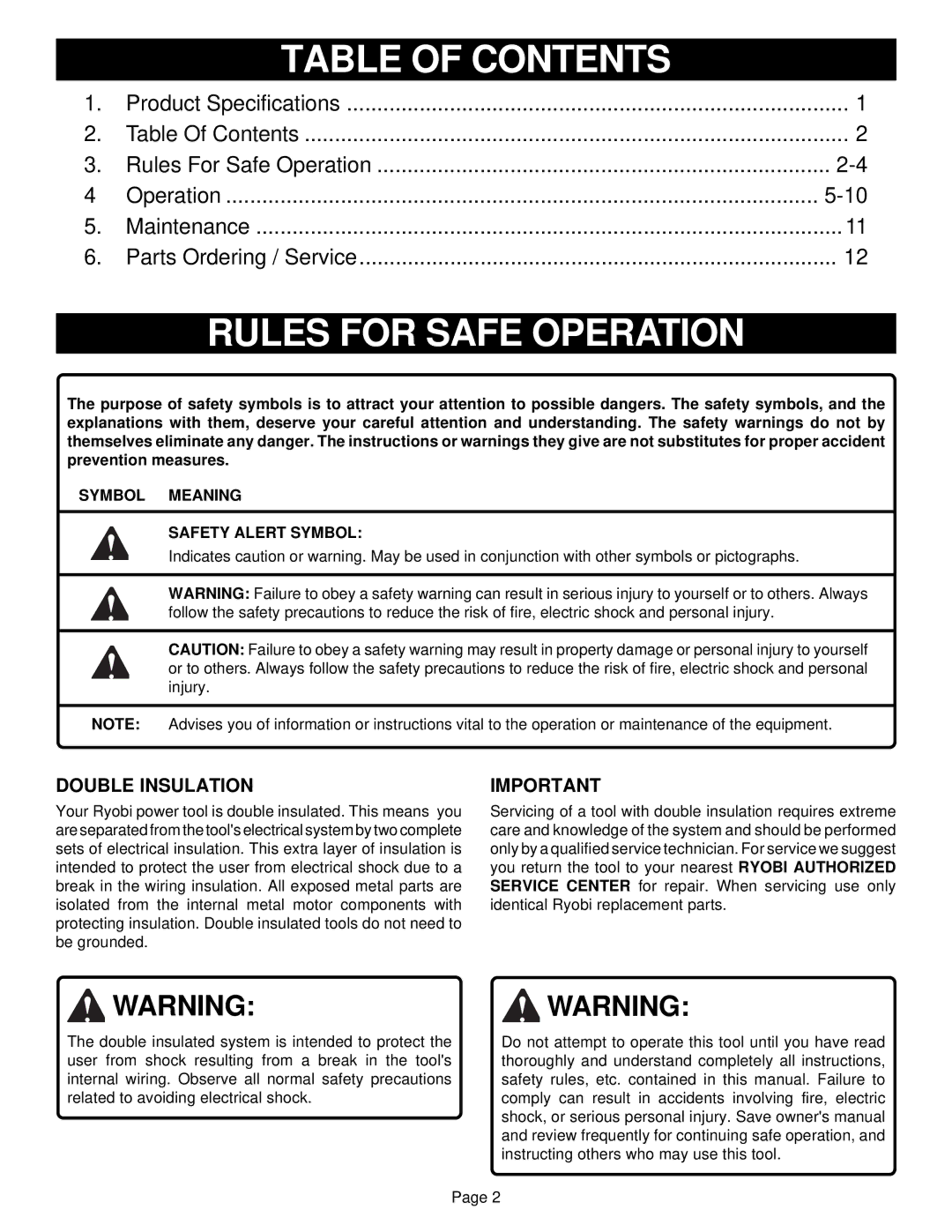 Ryobi D28VSR specifications Table of Contents, Rules for Safe Operation 