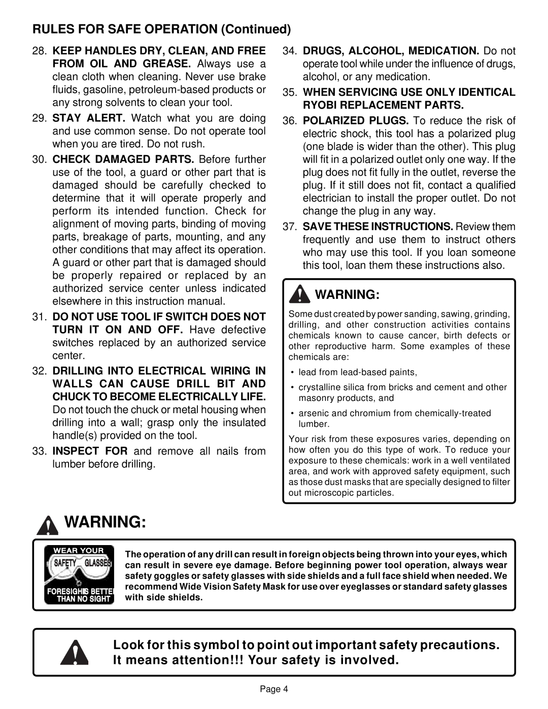 Ryobi D28VSR specifications Rules for Safe Operation, When Servicing USE only Identical Ryobi Replacement Parts 