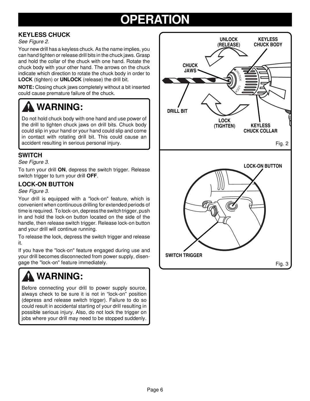 Ryobi D28VSR specifications Keyless Chuck, Switch, LOCK-ON Button 