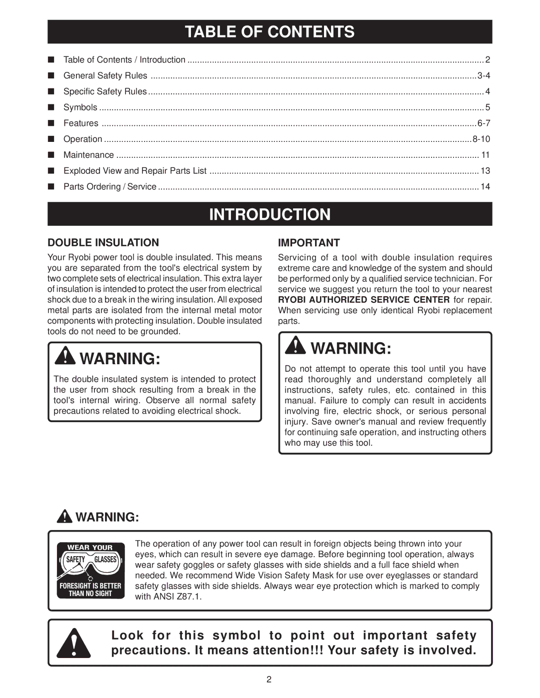 Ryobi D40 manual Table of Contents, Introduction 