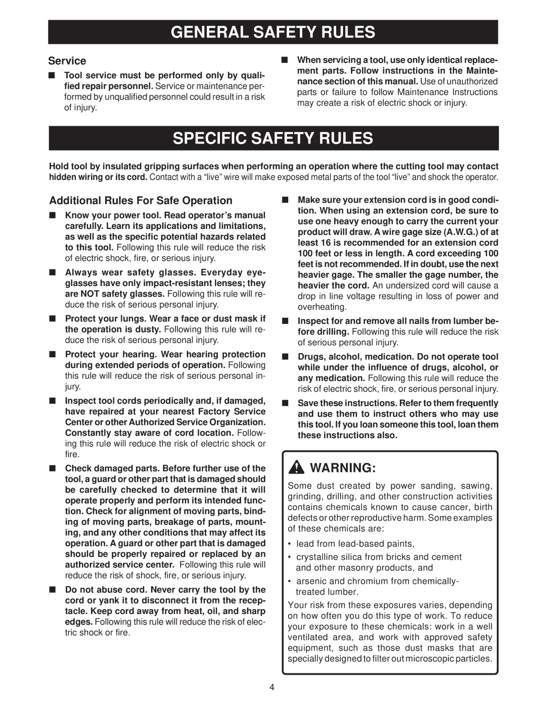 Ryobi D40 manual Specific Safety Rules, Service, Additional Rules For Safe Operation 