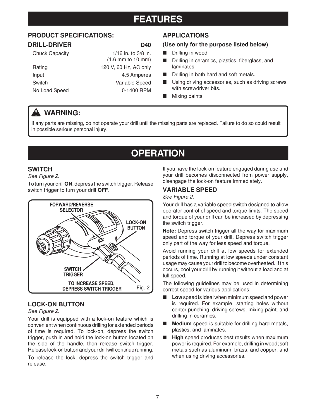 Ryobi D40 manual Operation, Product Specifications DRILL-DRIVER, Applications, LOCK-ON Button 