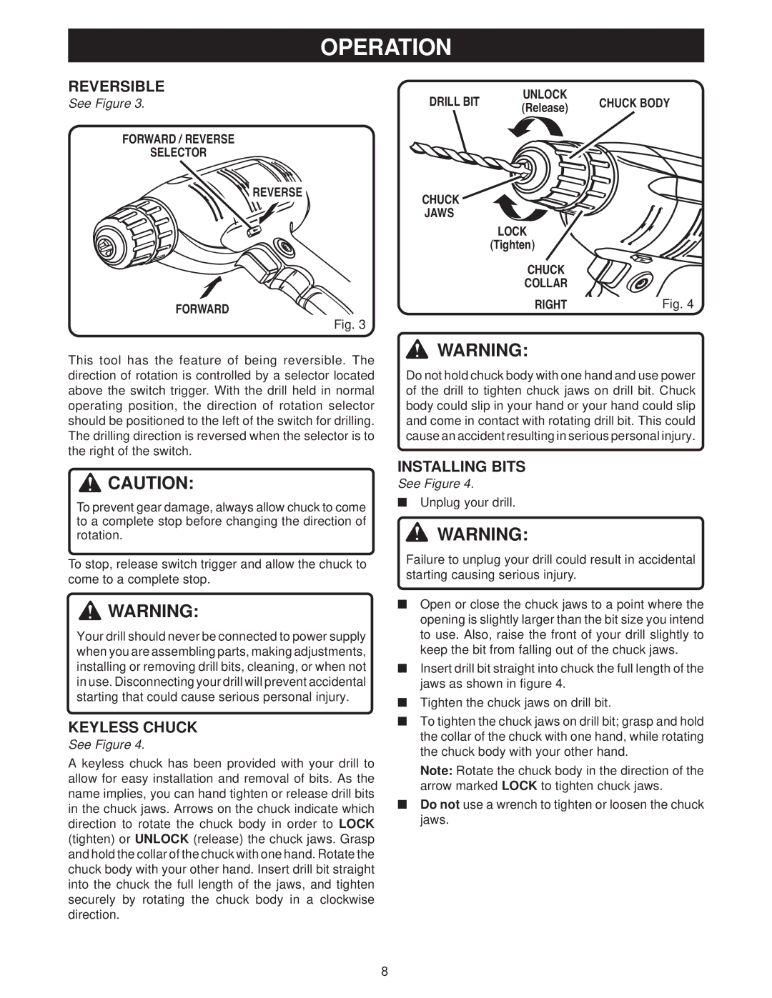 Ryobi D40 manual Reversible, Installing Bits 