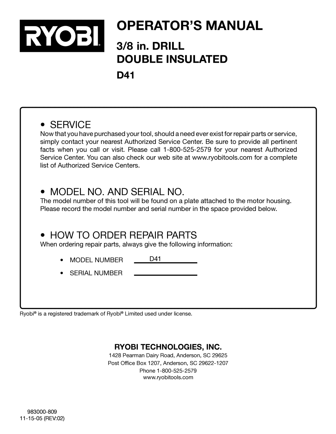 Ryobi D41 manual Service Model NO. and Serial no 