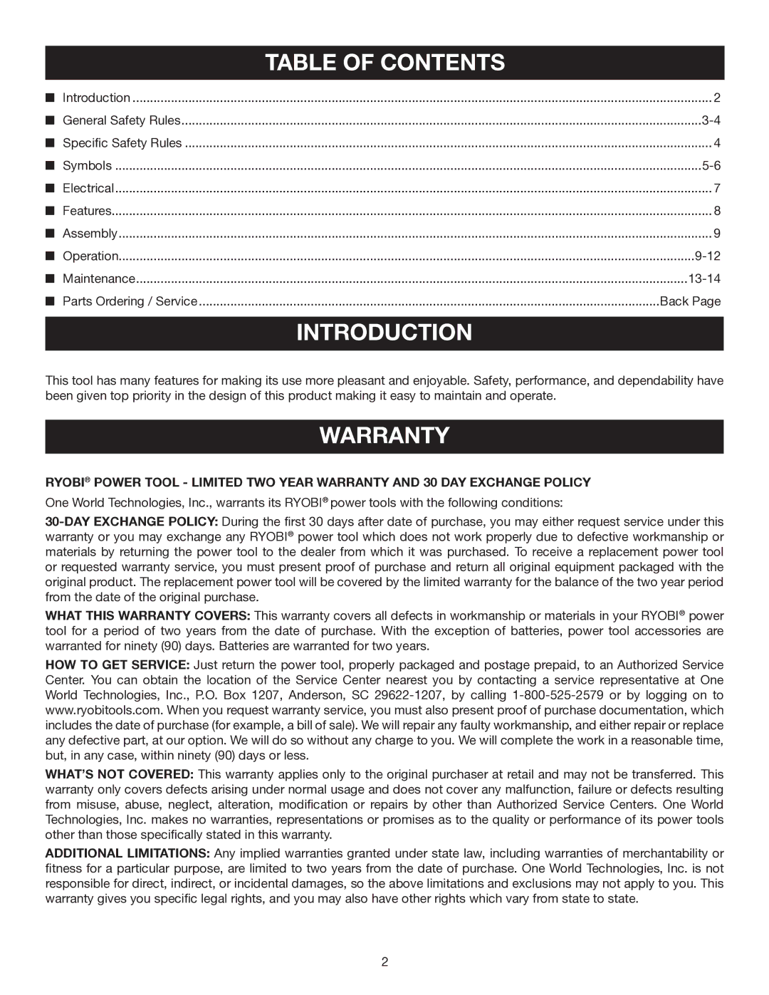 Ryobi D41 manual Introduction, Warranty 