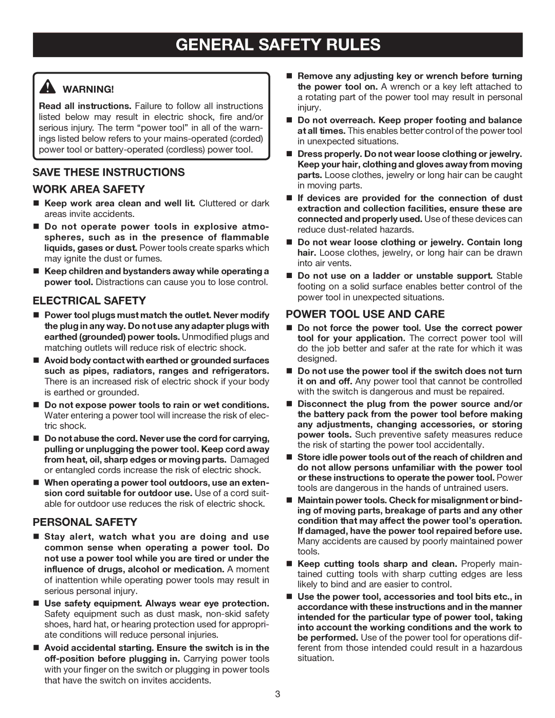 Ryobi D41 manual General Safety Rules, Work Area Safety, Electrical Safety, Personal Safety, Power Tool USE and Care 