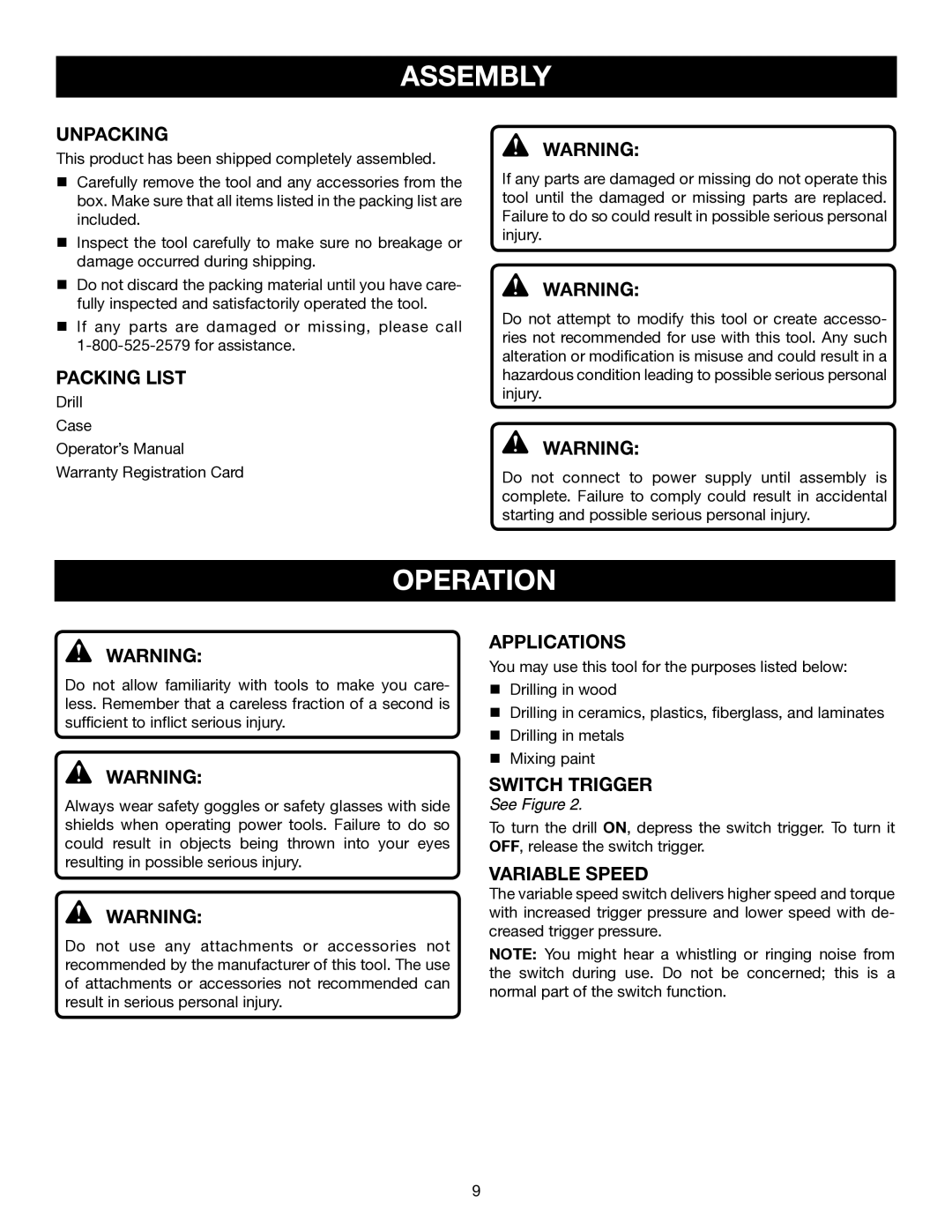 Ryobi D41 manual Assembly, Operation 