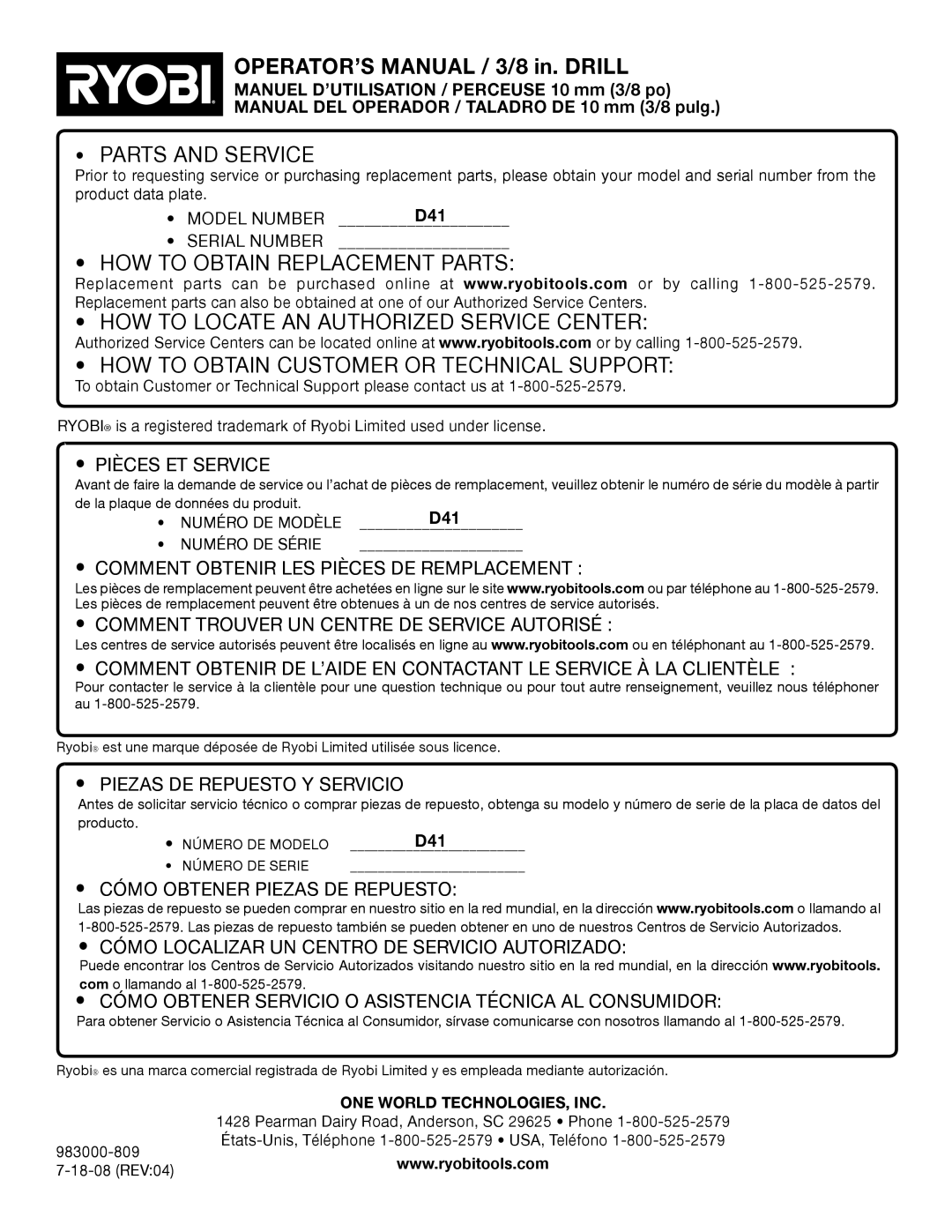 Ryobi D41K manuel dutilisation OPERATOR’S Manual / 3/8 in. Drill 