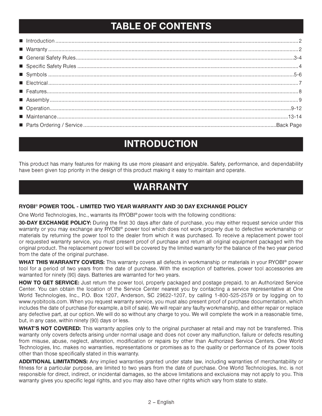 Ryobi D41K manuel dutilisation Introduction, Table of Contents 