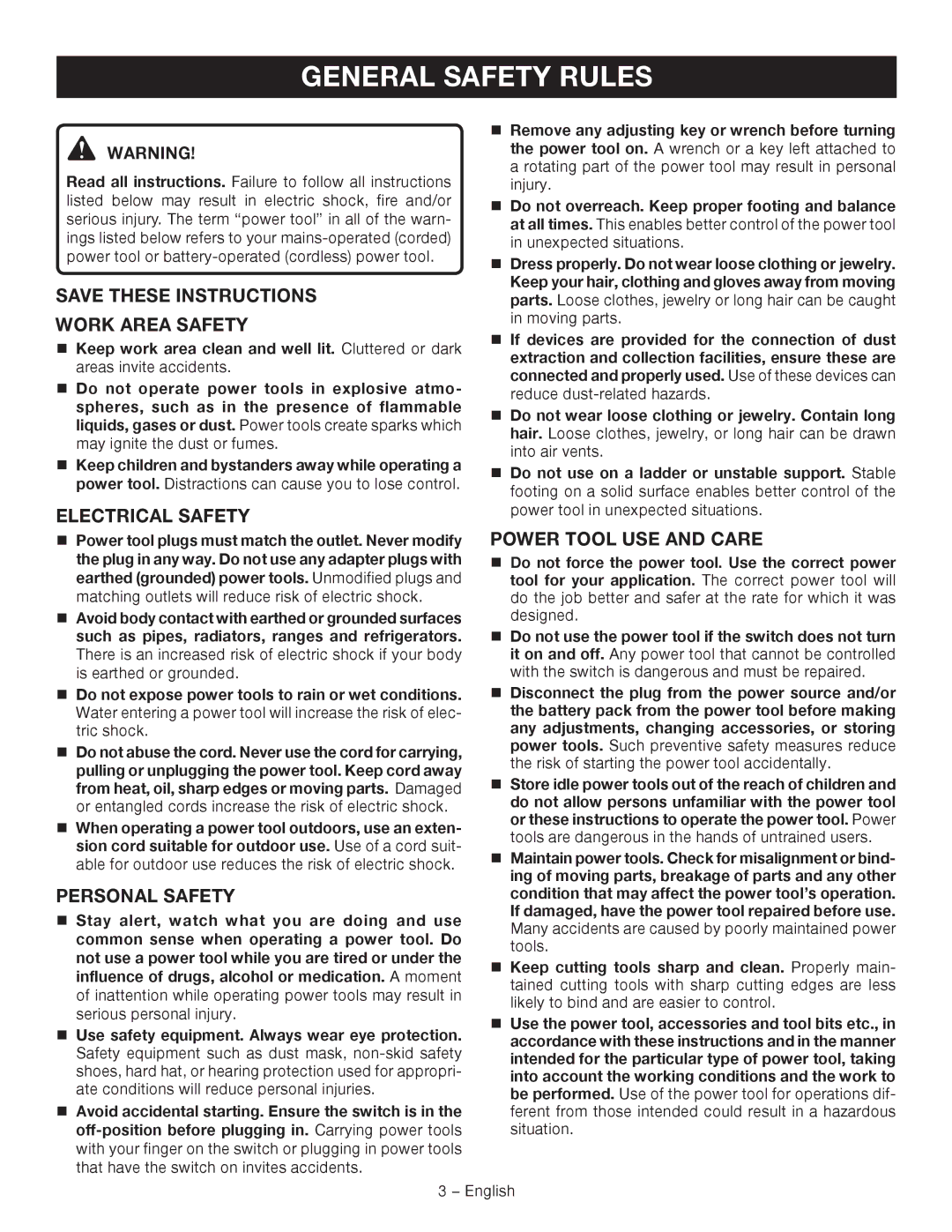 Ryobi D41K manuel dutilisation General Safety Rules, Work Area Safety, Electrical Safety 