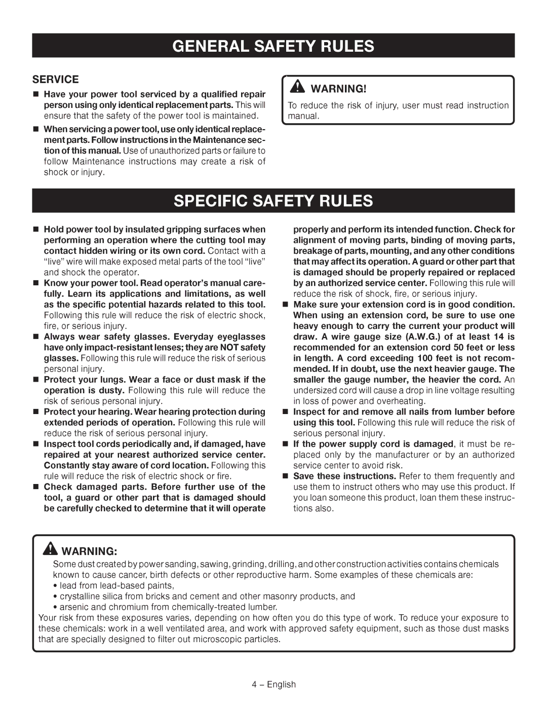 Ryobi D41K manuel dutilisation Specific Safety Rules, Service 