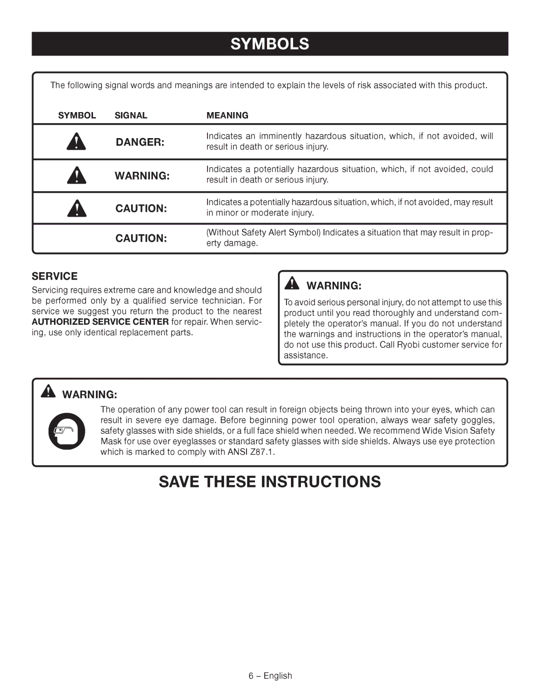 Ryobi D41K manuel dutilisation Symbol Signal Meaning 