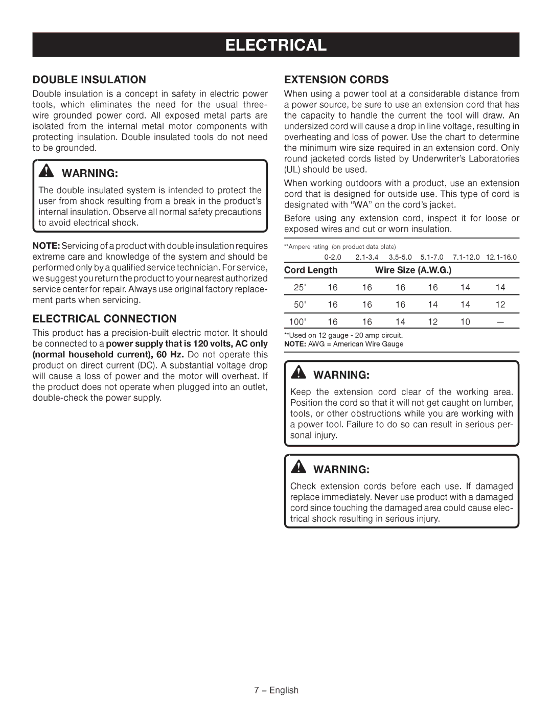 Ryobi D41K manuel dutilisation Double Insulation, Electrical Connection, Extension Cords 