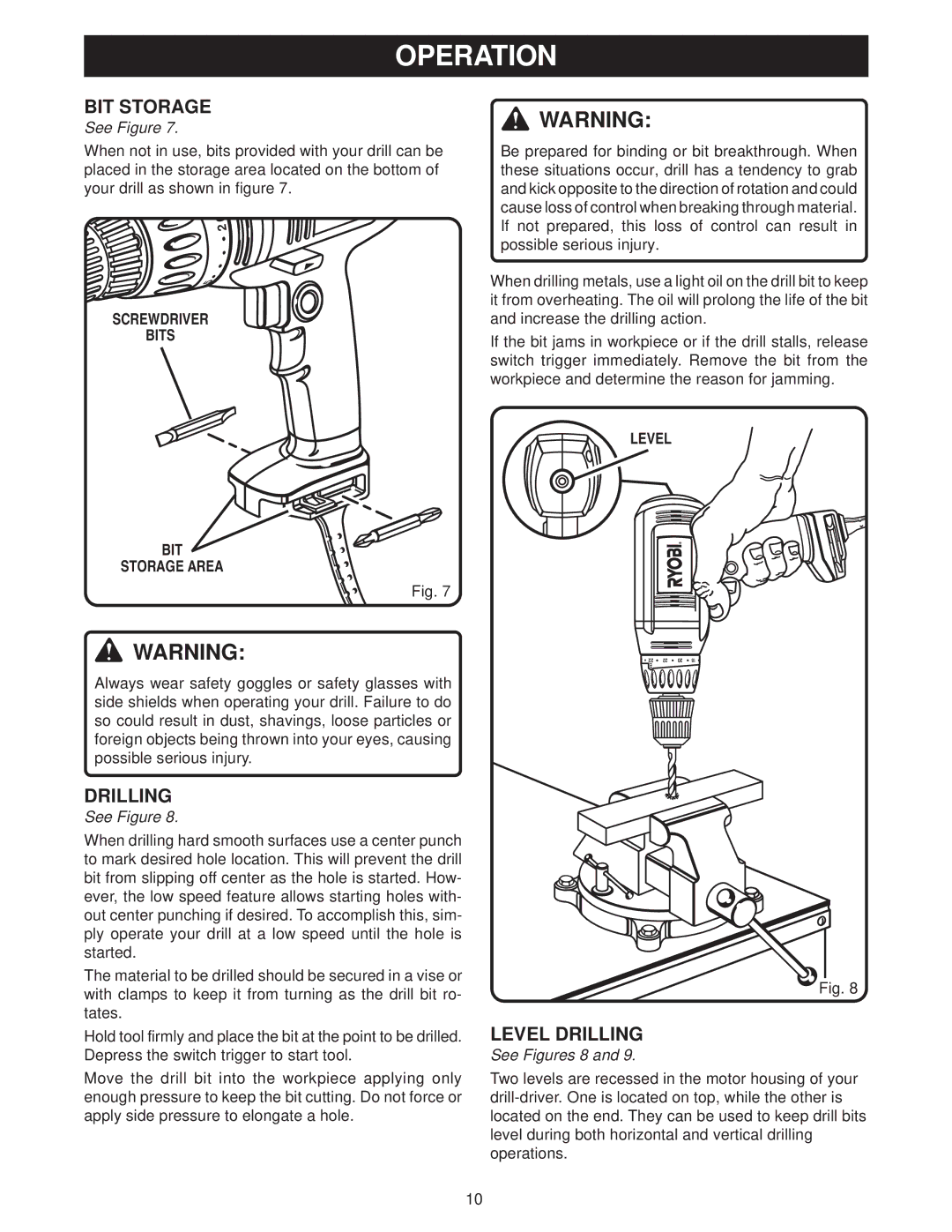 Ryobi D45C manual Level Drilling, Screwdriver Bits BIT Storage Area 