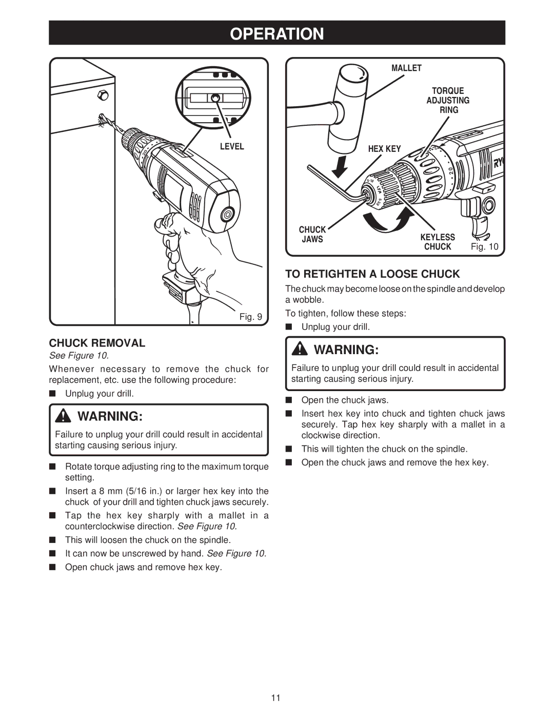 Ryobi D45C manual Chuck Removal, To Retighten a Loose Chuck, Mallet Torque Adjusting Ring HEX KEY Chuck Jaws 