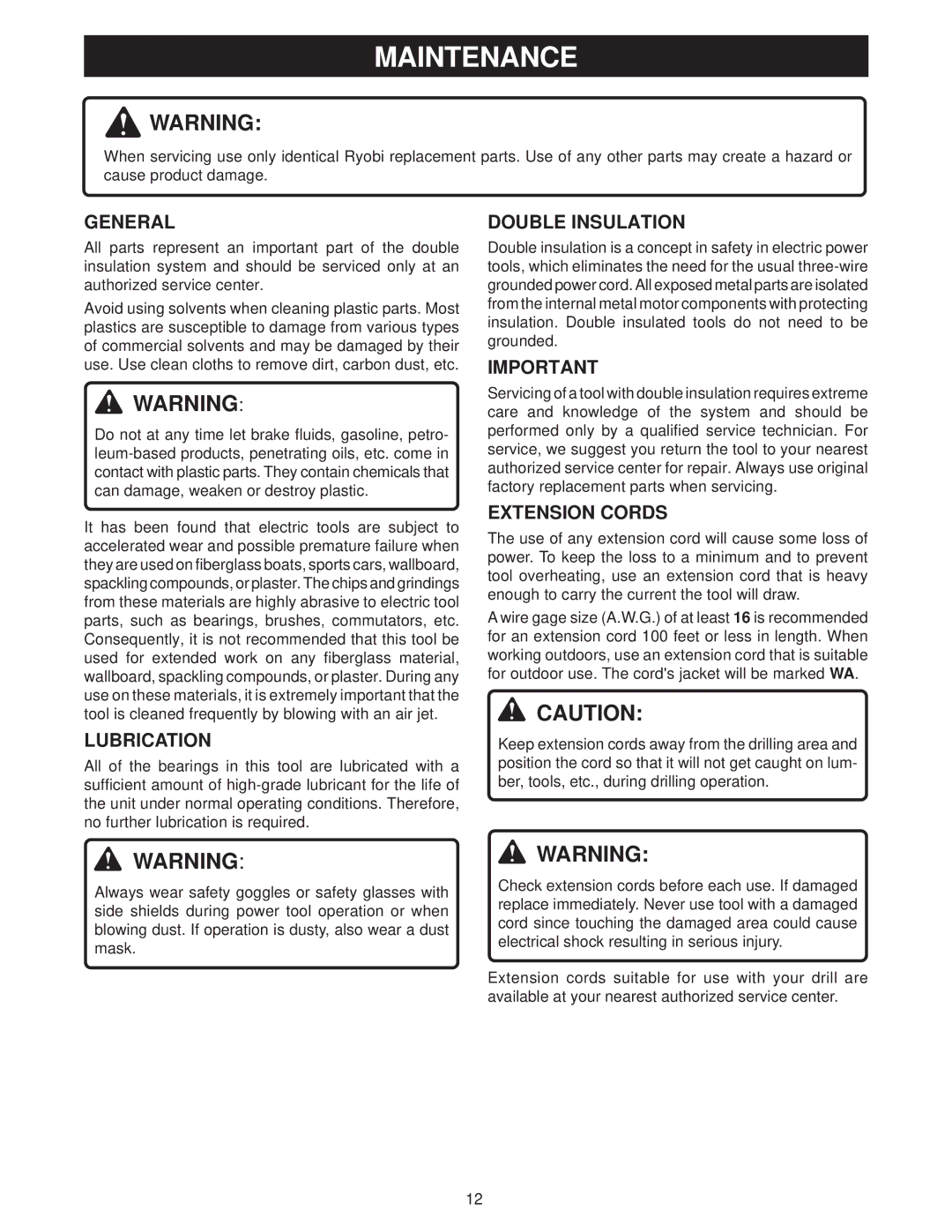 Ryobi D45C manual Maintenance, General, Double Insulation, Lubrication, Extension Cords 