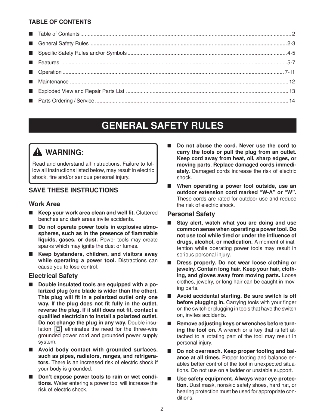 Ryobi D45C manual General Safety Rules, Work Area, Electrical Safety, Personal Safety 