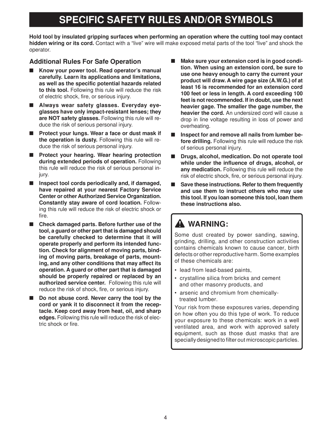 Ryobi D45C manual Specific Safety Rules AND/OR Symbols, Additional Rules For Safe Operation 