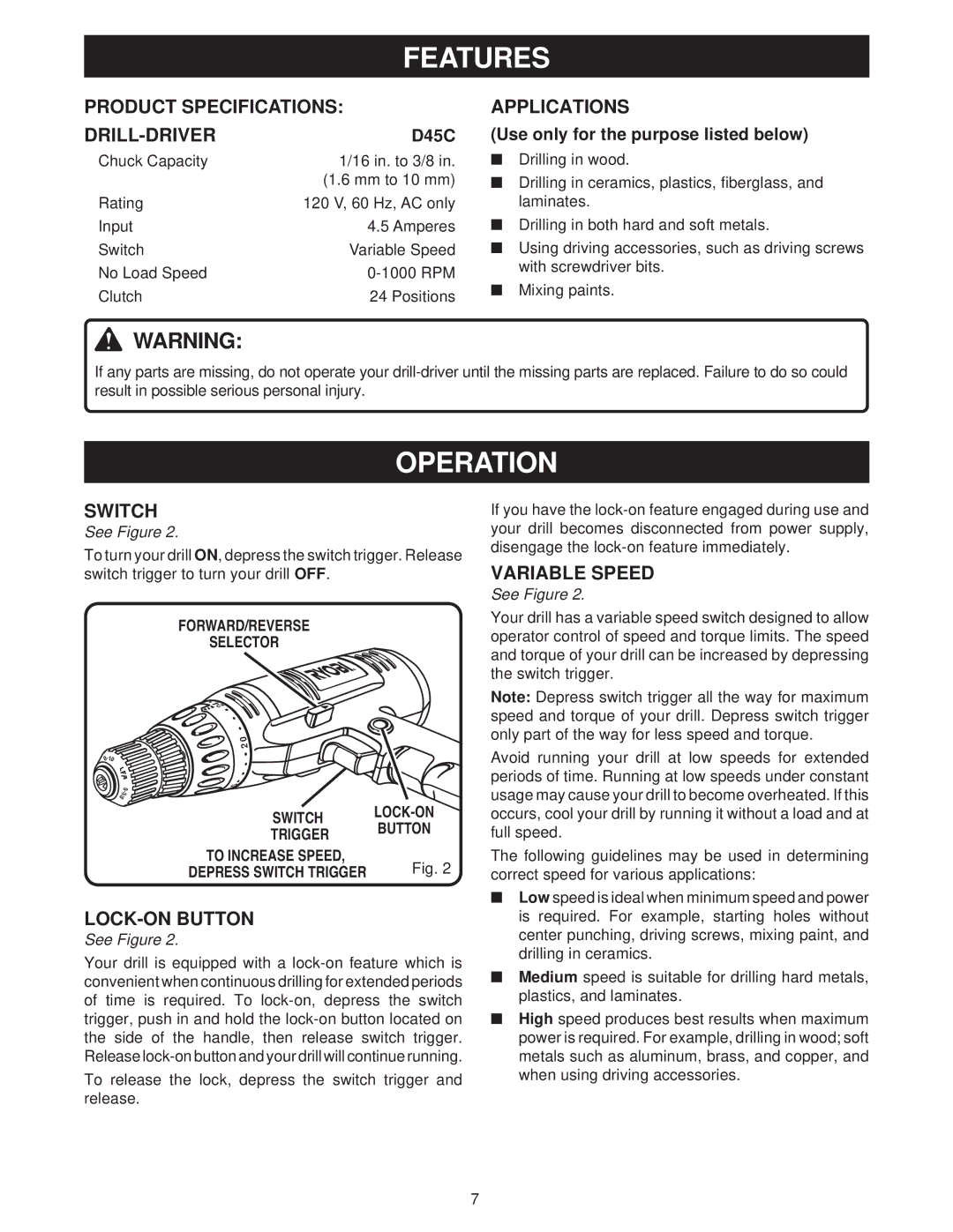 Ryobi D45C manual Operation, Product Specifications DRILL-DRIVER, Applications, LOCK-ON Button 