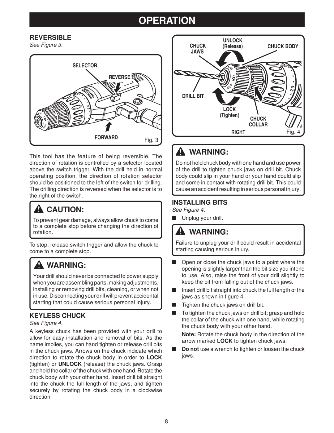 Ryobi D45C manual Reversible, Installing Bits 