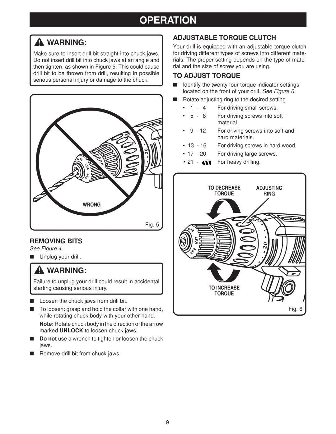 Ryobi D45C manual Adjustable Torque Clutch, To Adjust Torque, Removing Bits, Wrong, To Increase Torque 