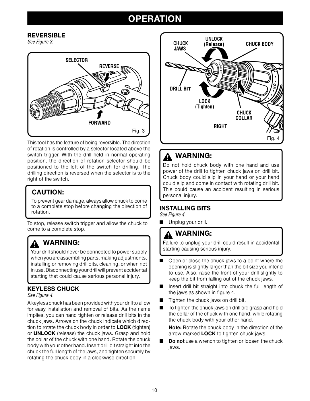 Ryobi D45CK manual Reversible, Installing Bits 