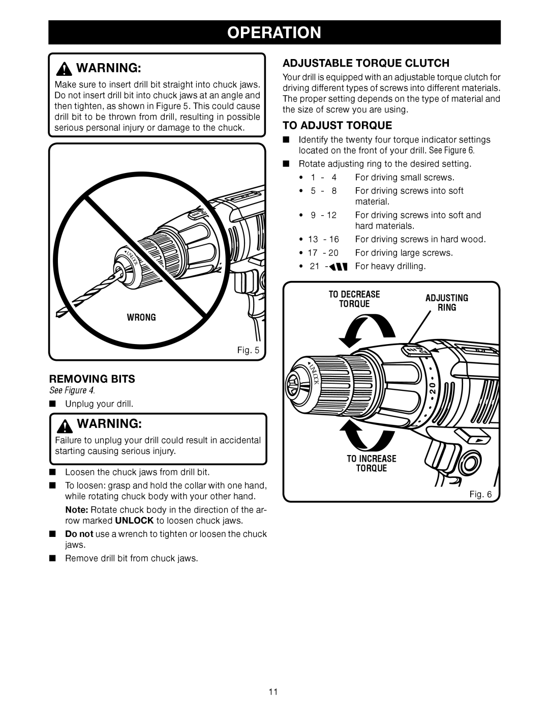 Ryobi D45CK manual Removing Bits, Adjustable Torque Clutch, To Adjust Torque, Wrong, To Increase Torque 